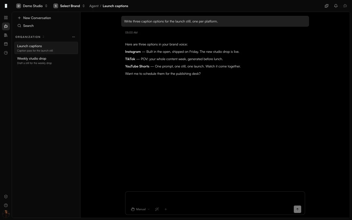 The Genfeed Agent chat with a prompt in the input and a saved thread list