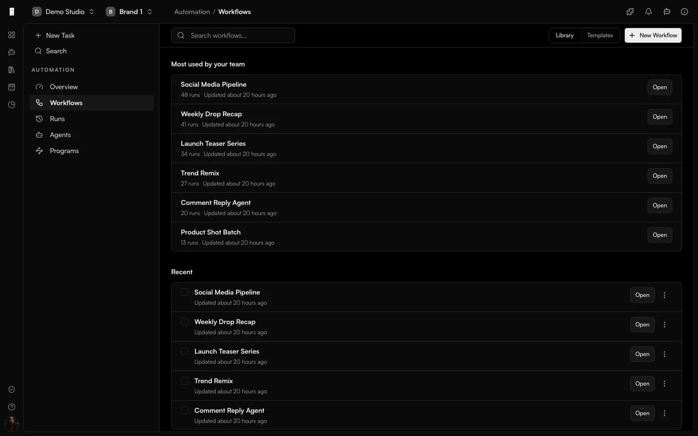 The Genfeed Automation workflow canvas with connected generation and publishing steps