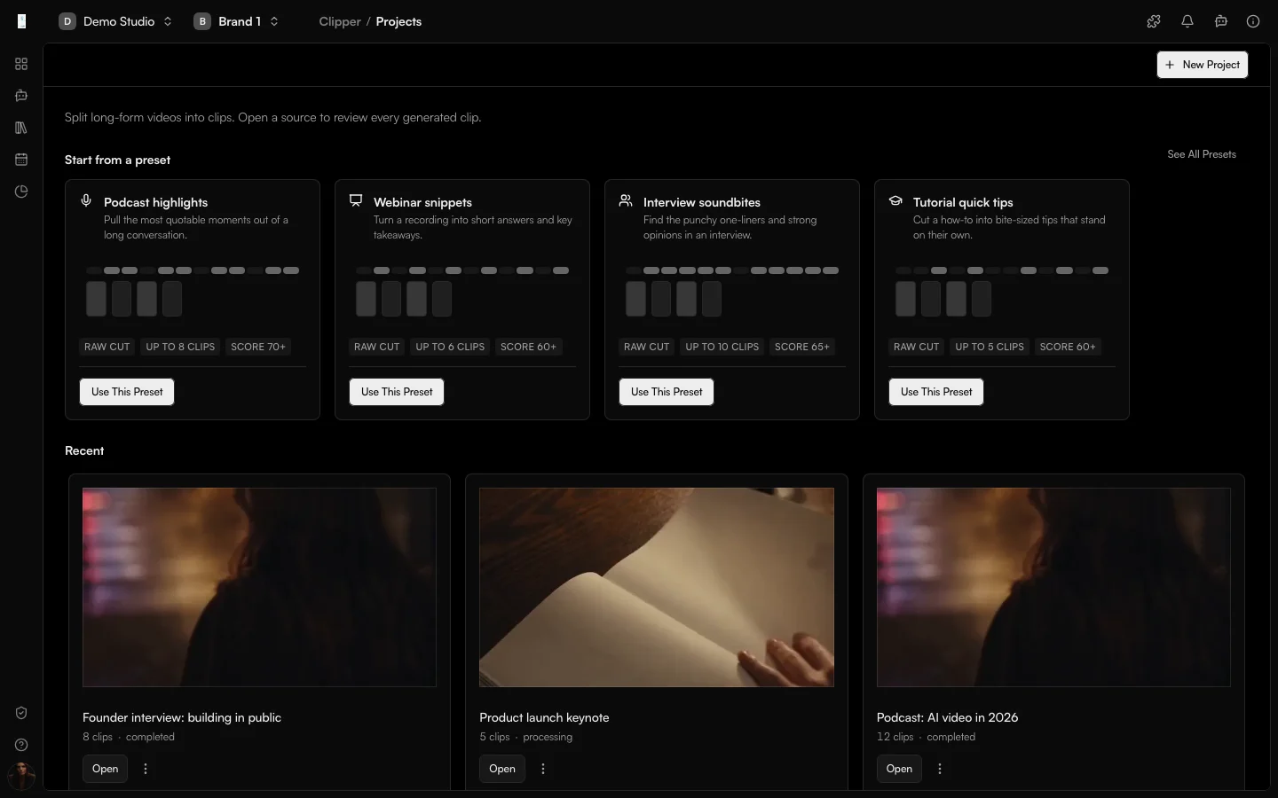 The Genfeed Clipper showing a source video and the clips generated from it