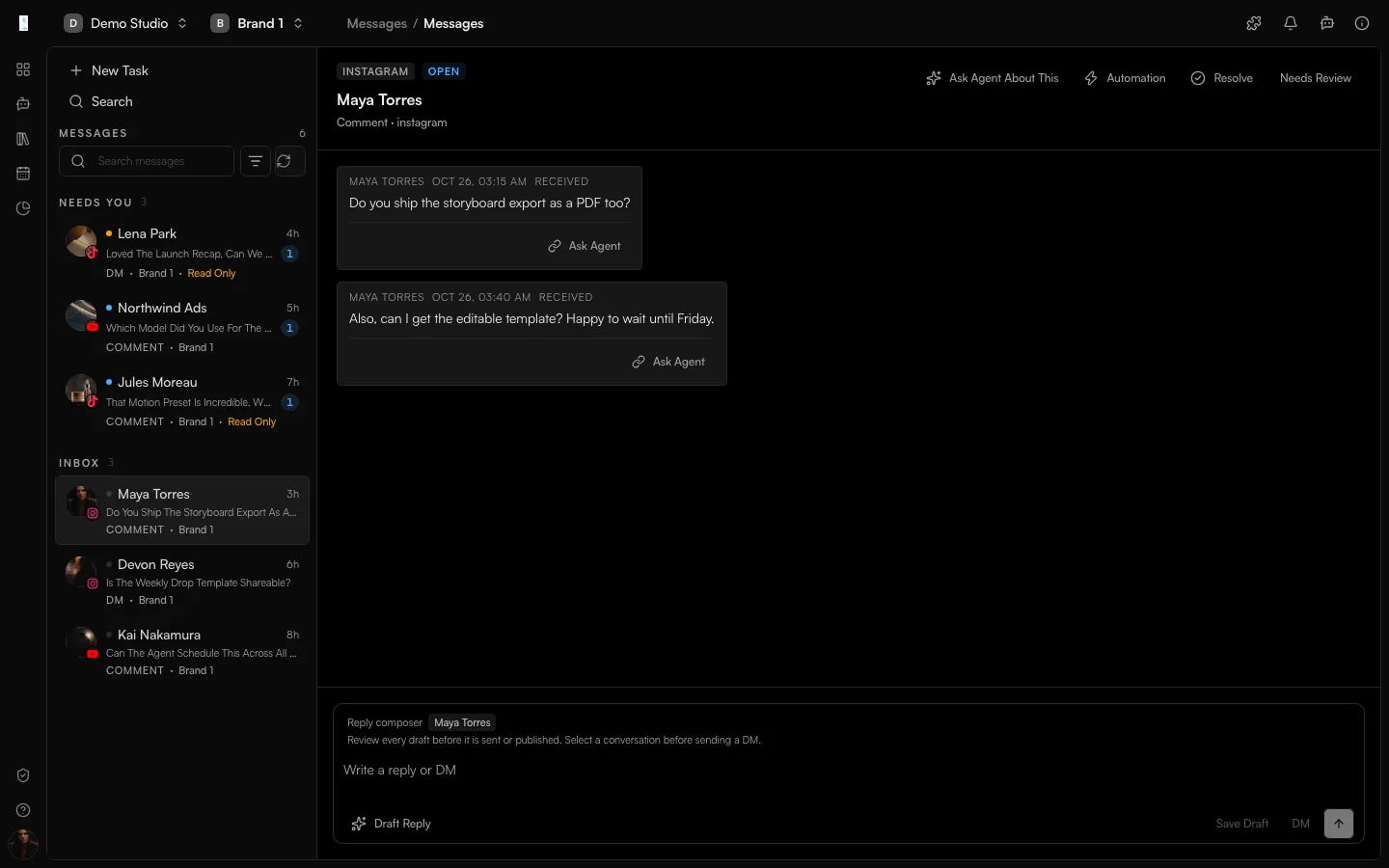 The Genfeed Messages inbox with comments and messages from connected channels