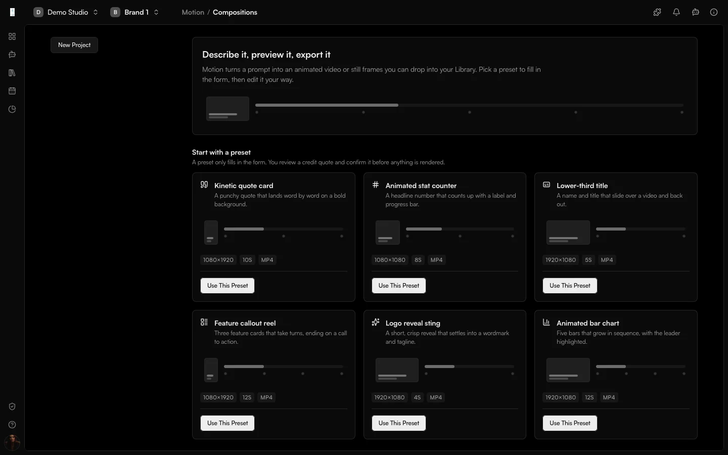 The Genfeed Motion app with a prompt, a presets list and a preview of an animated title