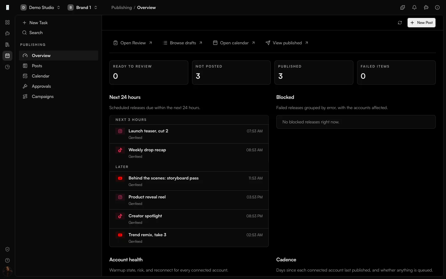 The Genfeed Publishing desk showing draft, scheduled and published posts