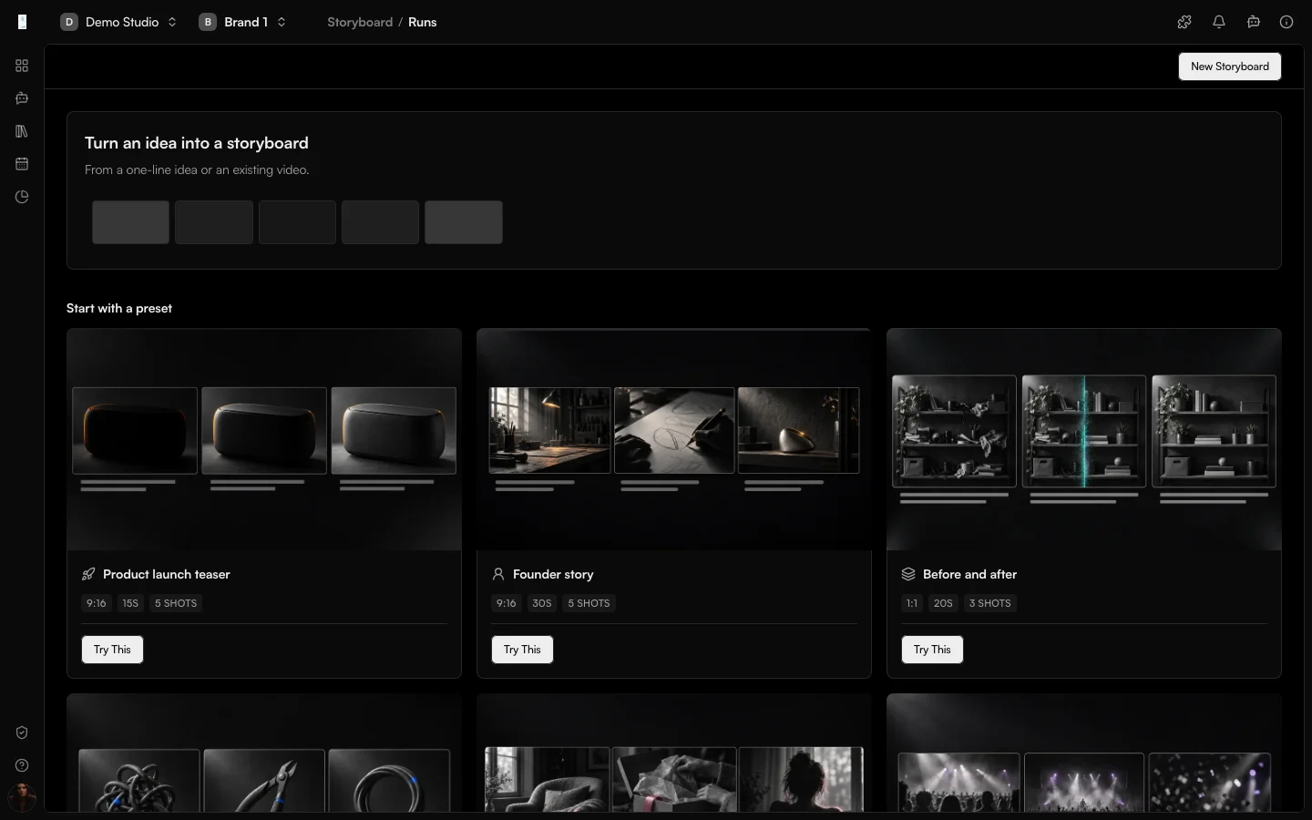 The Genfeed Storyboard showing a shot list with a still frame for each scene